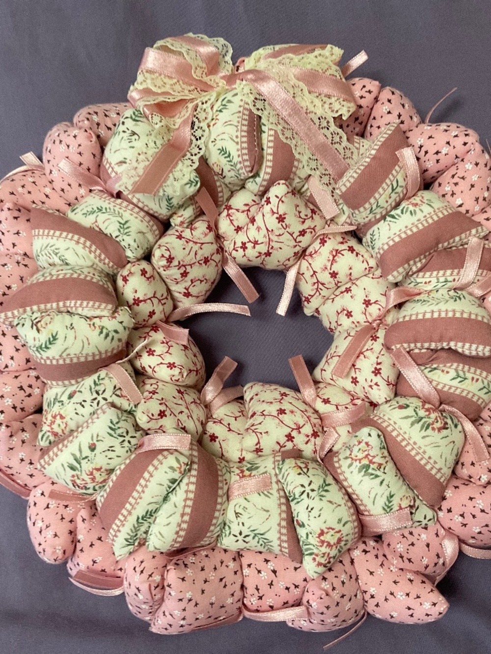 Wreath Rose Floral Pattern Handmade Puff Pillow Ribbons Vintage Cottage